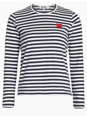 Comme des Garçons PLAY Striped Heart Long Sleeve Tee - Navy & White